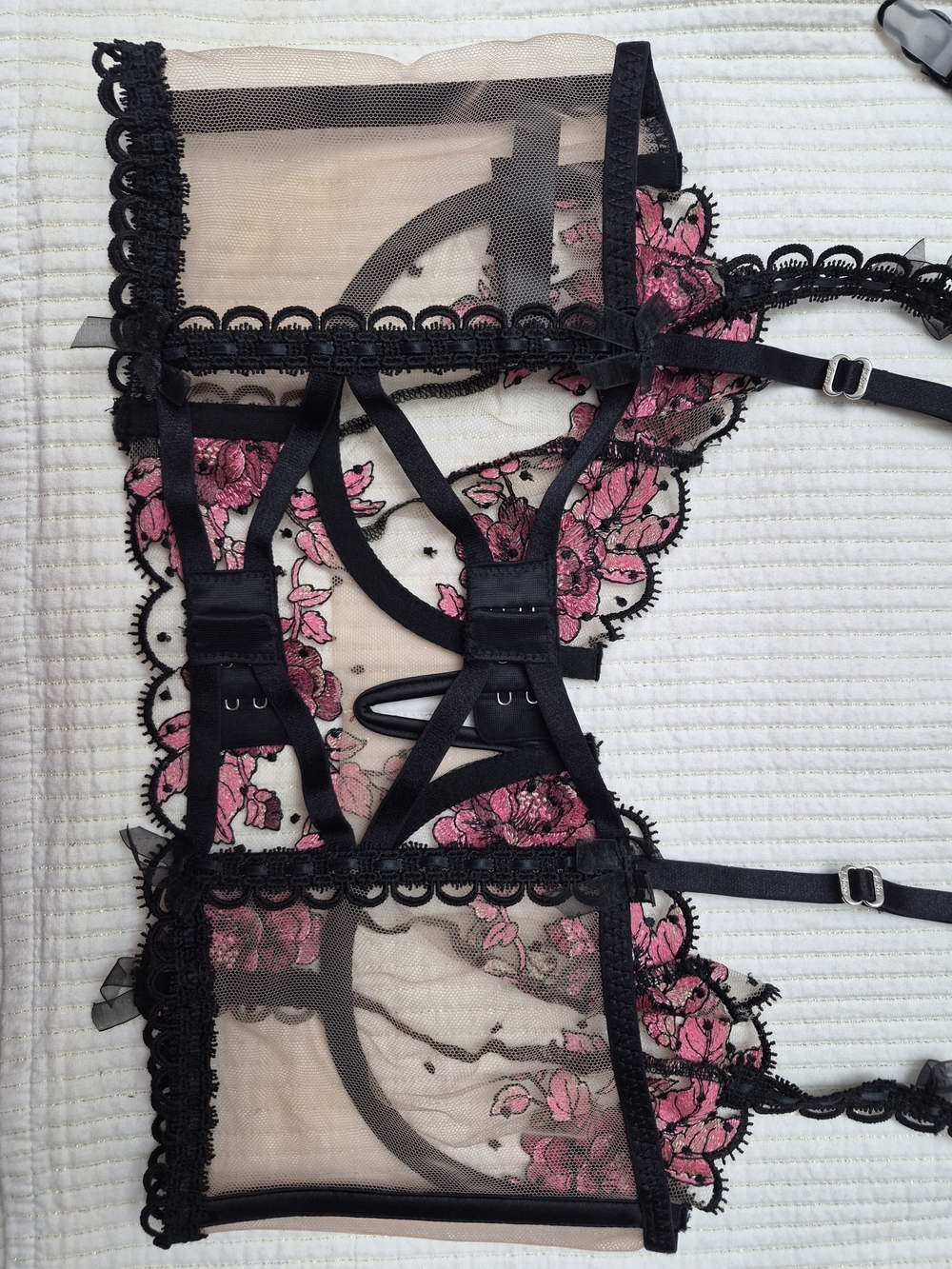 For Love And Lemons Black Sheer Bra & Garter Set with Pink Floral Embroidery - Picture 5 of 11